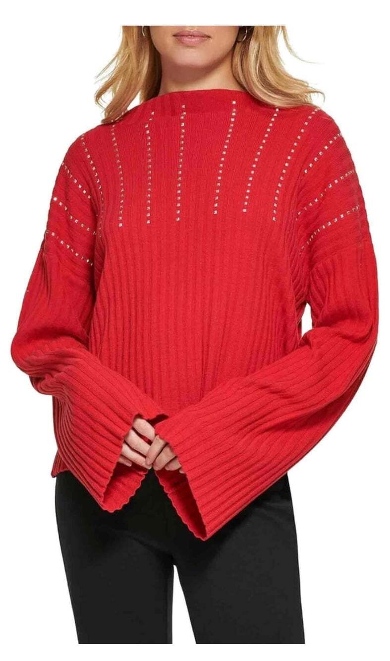 DKNY Womens Red Embellished Ribbed Knit Pullover Sweater Size Large New